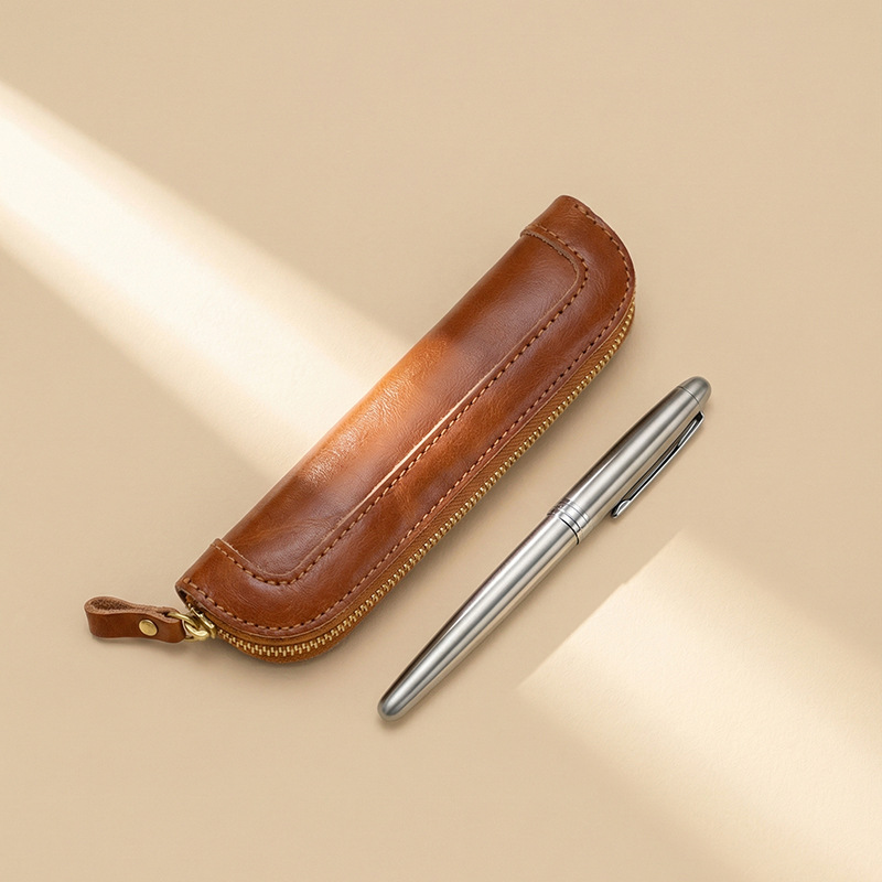 Tan Stationery & Office Supply - ヴィンテージ風植物タンニンなめし革製ペンケース、ミニジッパーペンポーチ、携帯用シングルペンスリーブ、ビジネスオフィス文具用