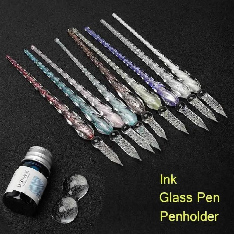Fountain Pen Ink - カラーアートクリスタルガラスディップペンセット ギフトボックス付き ゴールドパウダーカラーインク シグネチャーペン クリエイティブ文具ギフト