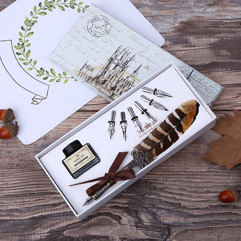 Fountain Pen Ink - レトロフェザーディップペン筆記インクセット絶妙な文房具スタンプ付きアートクラフトDIY学生ギフト用